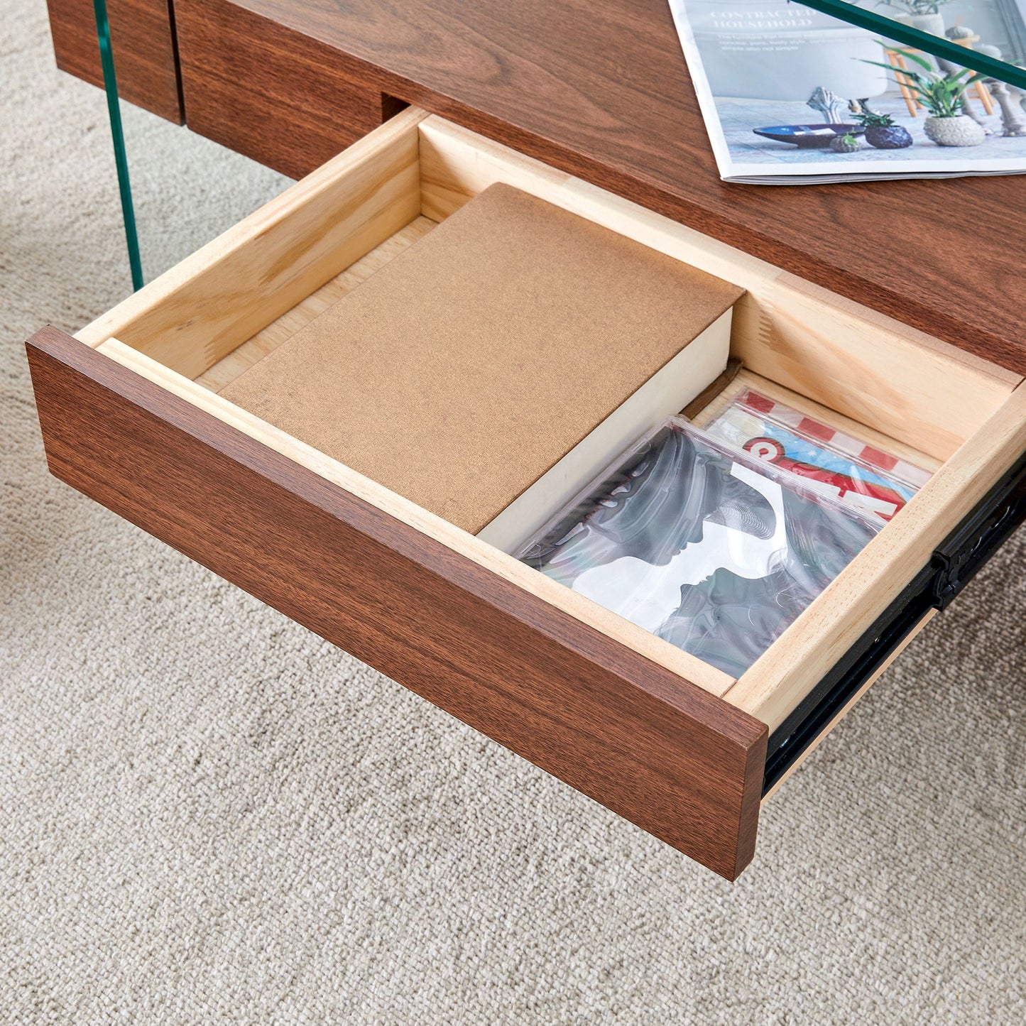 Modern 2 Tier Coffee Table With Drawer Clear Tempered Glass, Multifunctional Storage - Transparent / Wood