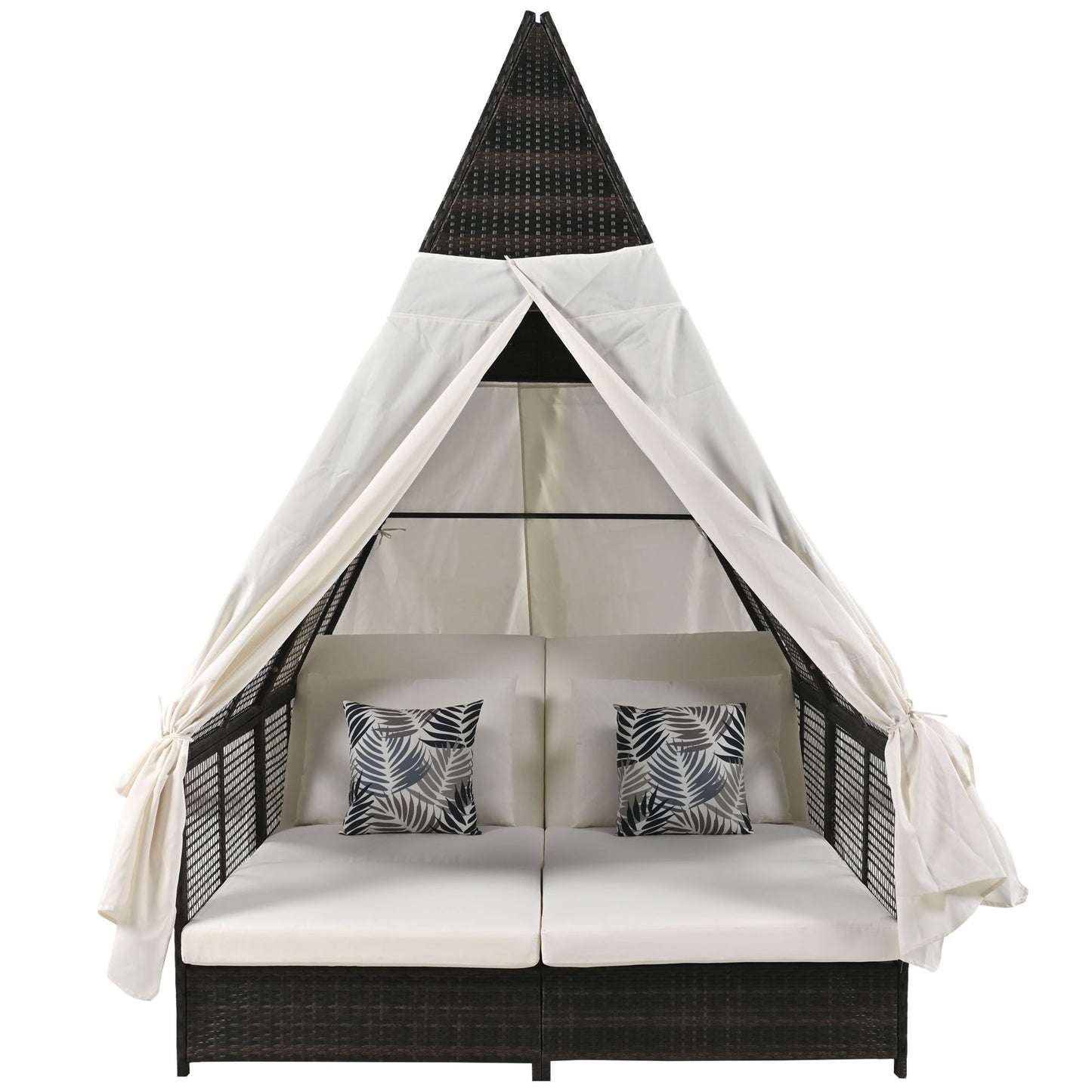 Outdoor Daybed Patio Lounge Bed With Adjustable Backrest Double Sun Lounger With Curtains, 4 Pillows For Garden Patio Poolside Balcony Beach - Cream