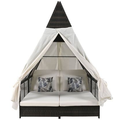 Outdoor Daybed Patio Lounge Bed With Adjustable Backrest Double Sun Lounger With Curtains, 4 Pillows For Garden Patio Poolside Balcony Beach - Cream