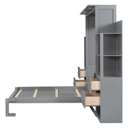 Full Size Murphy Wall Bed With Shelves, Drawers And LED Lights - Gray
