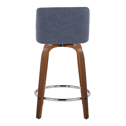 Toriano - Mid-Century Modern Fixed Height Counter Stool With Swivel With Round Footrest (Set of 2) - Walnut / Blue