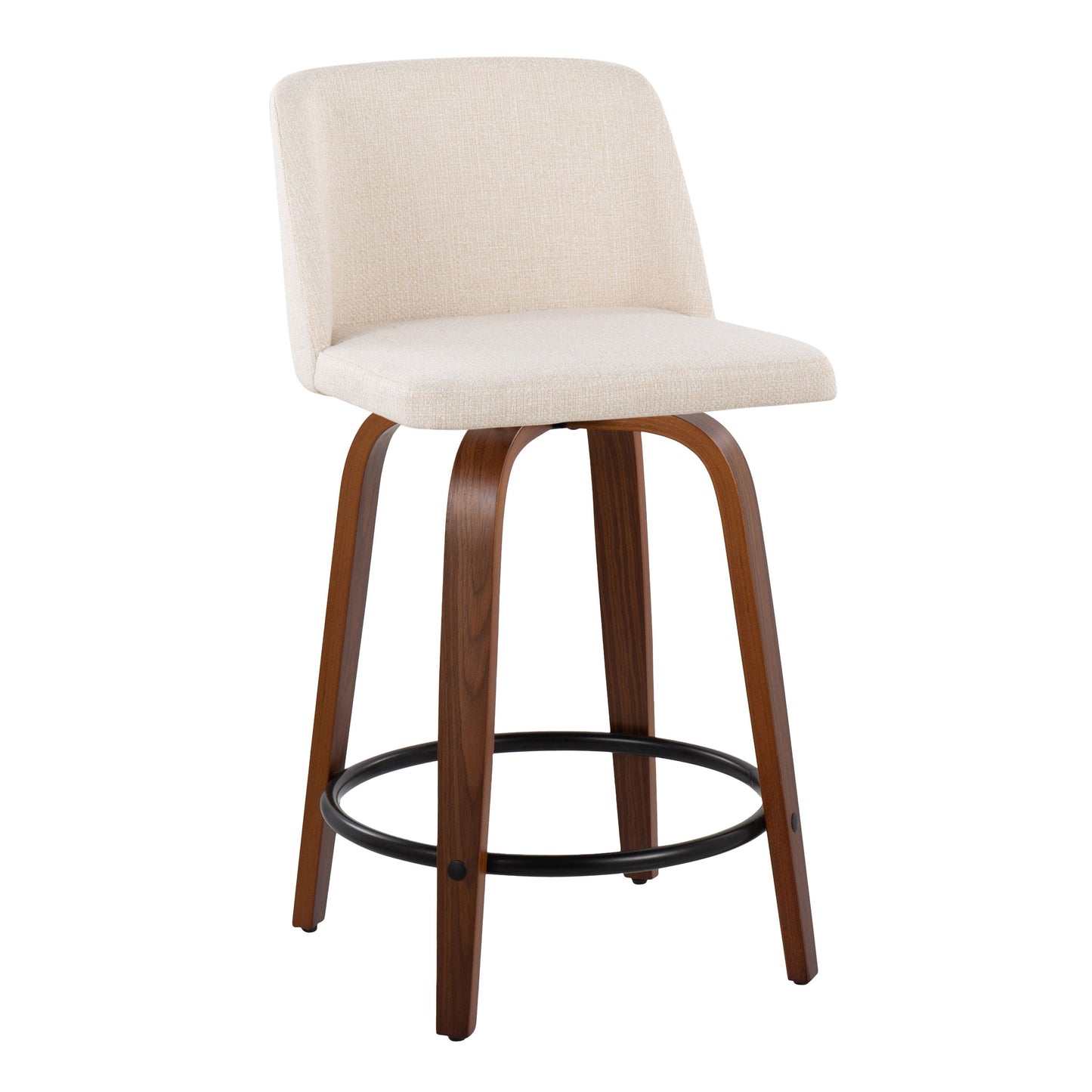 Toriano - Mid-Century Modern Fixed Height Counter Stool With Swivel And Round Footrest (Set of 2) - Walnut / Cream