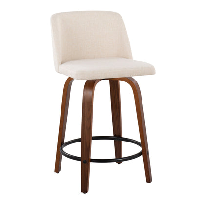 Toriano - Mid-Century Modern Fixed Height Counter Stool With Swivel And Round Footrest (Set of 2) - Walnut / Cream
