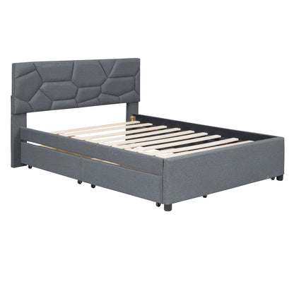 Full Size Upholstered Platform Bed With Brick Pattern Headboard, With Twin Size Trundle And 2 Drawers - Gray