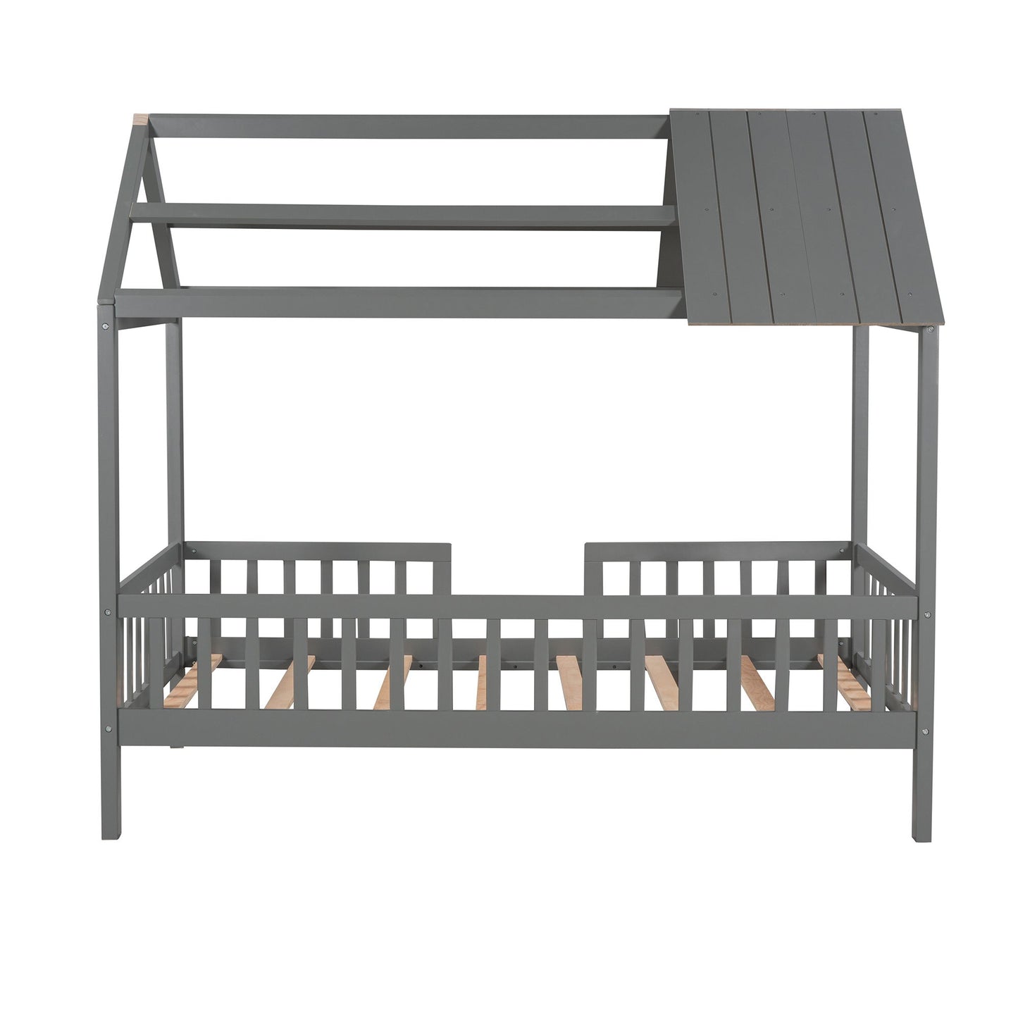 Twin Size House Bed With Fence - Gray