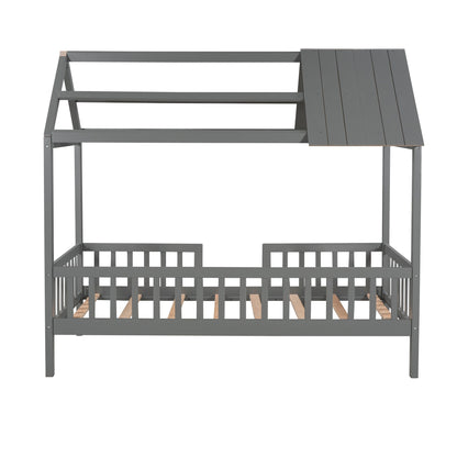 Twin Size House Bed With Fence - Gray