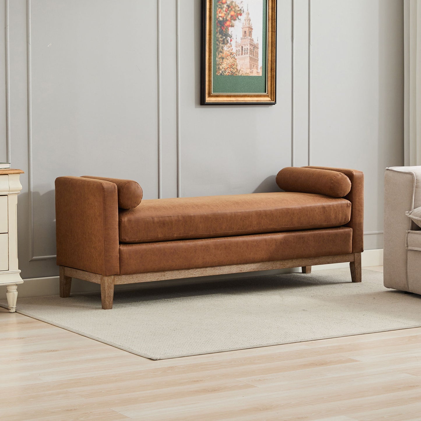 Elegant Upholstered Bench, Daybed, Ottoman With Wood Legs & 2 Bolster Pillows - Brown