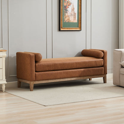 Elegant Upholstered Bench, Daybed, Ottoman With Wood Legs & 2 Bolster Pillows - Brown