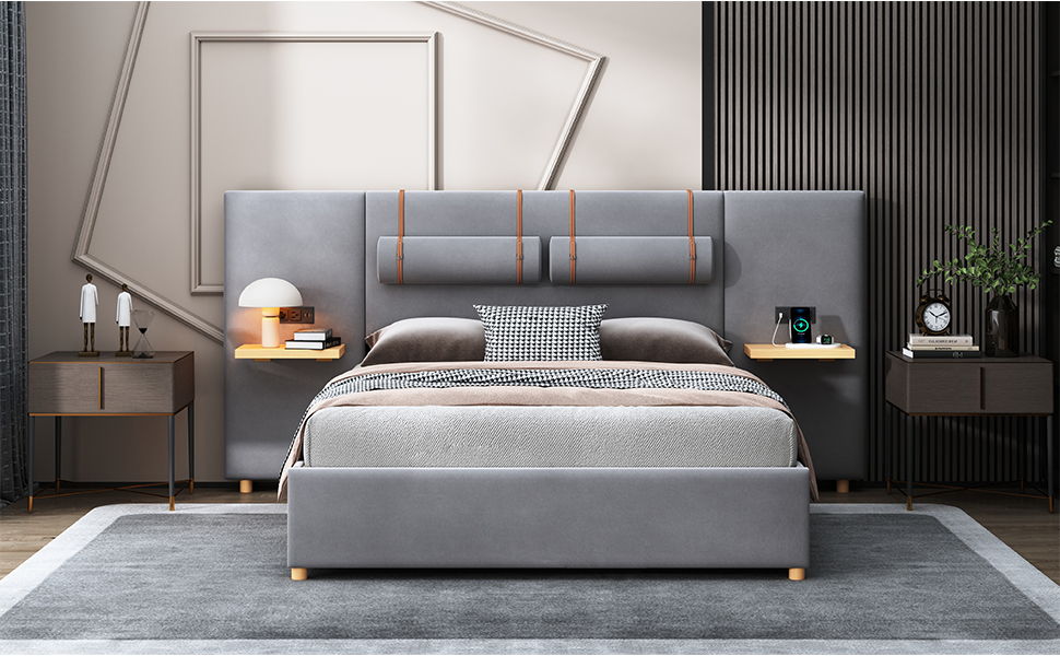 Queen Upholstered Platform Bed, 2 Outlets And USB Charging Ports On Both Sides, 2 Bedside Pillows, Storage Shelves - Gray