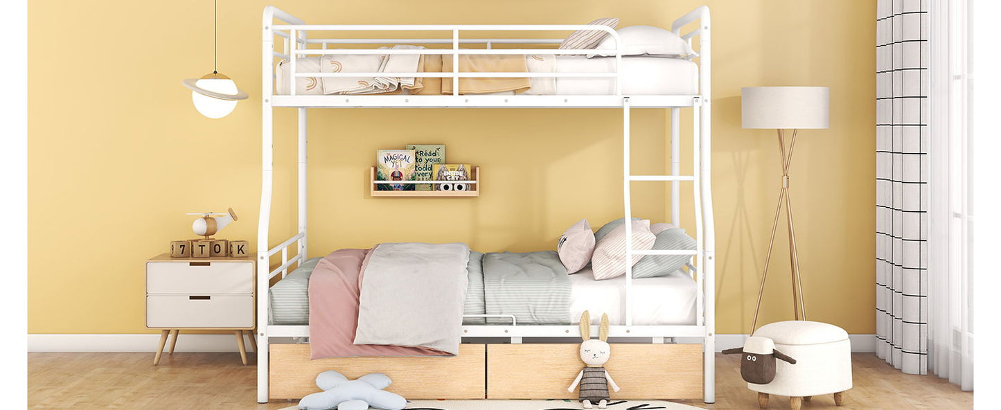 Full Long Over Queen Bunk Bed With 2 Drawers - White