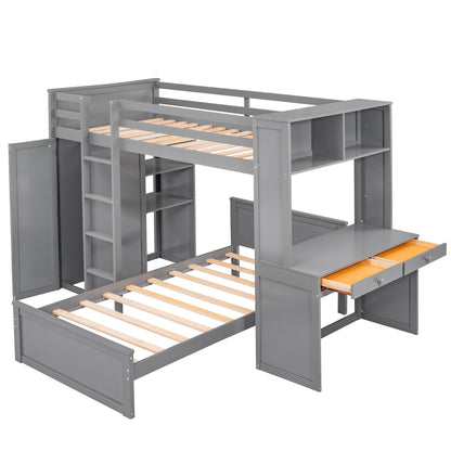 Twin Size Loft Bed With A Stand Alone Bed, Shelves, Desk, And Wardrobe - Gray