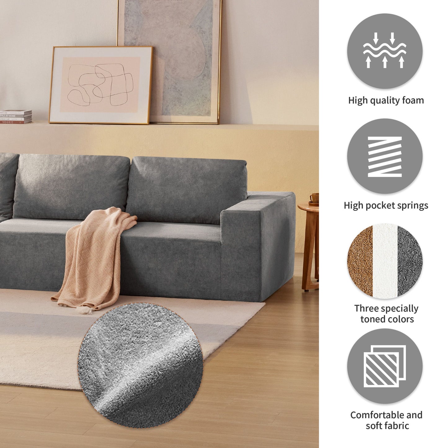 Modular L Shaped Sectional Sofa, Luxury Floor Couch Set, Upholstered Indoor Furniture, Foam - Filled Sleeper Sofa Bed 5 Pieces Free Combination - Gray