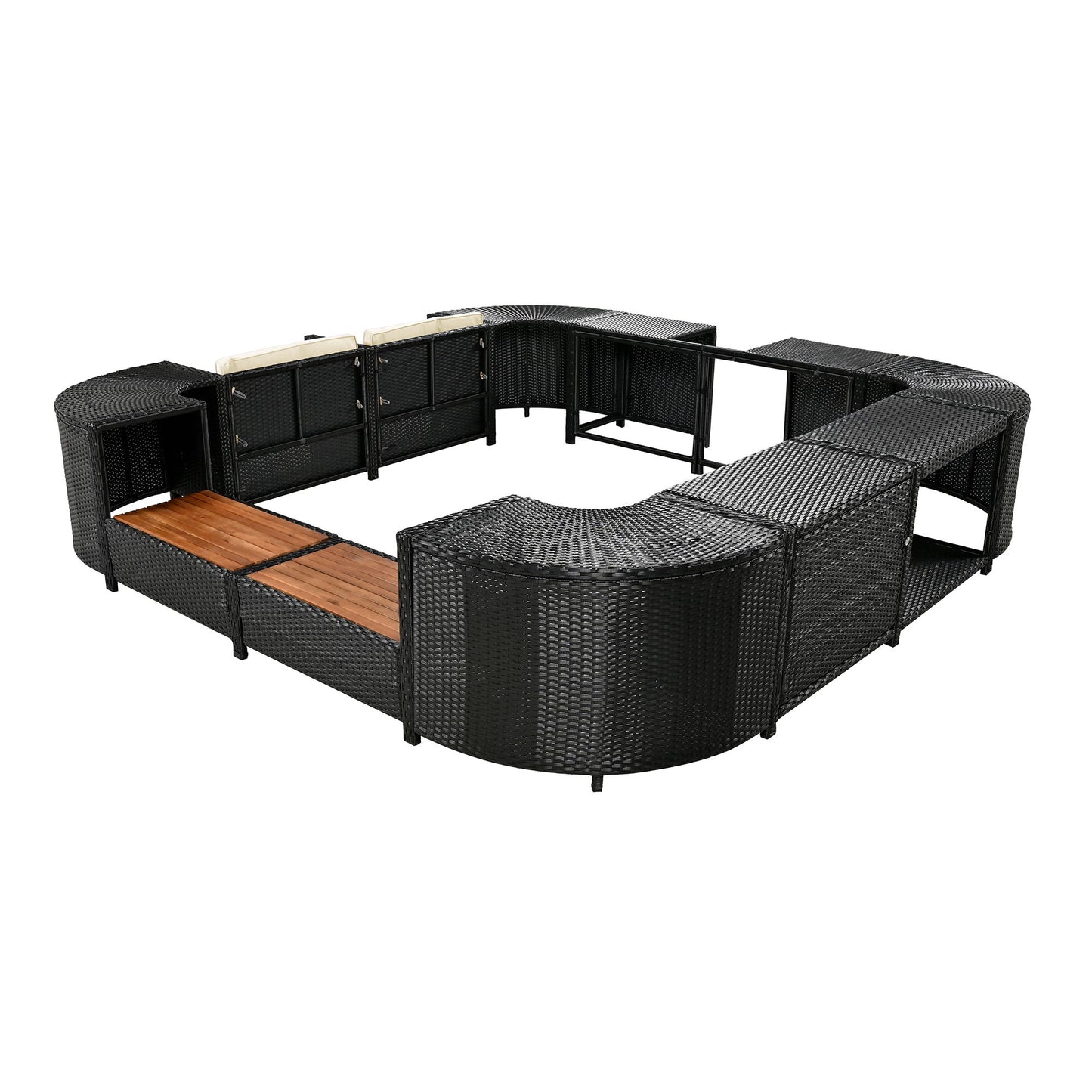 Spa Surround Spa Frame Quadrilateral Outdoor Rattan Sectional Sofa Set With Mini Sofa, Wooden Seats And Storage Spaces - Beige
