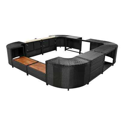 Spa Surround Spa Frame Quadrilateral Outdoor Rattan Sectional Sofa Set With Mini Sofa, Wooden Seats And Storage Spaces - Beige