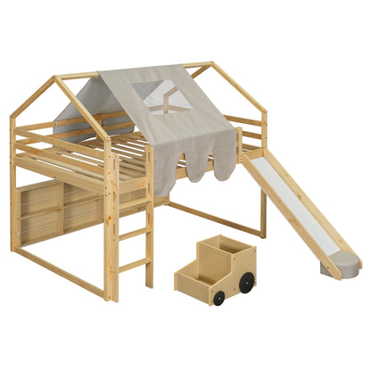 Full Size Loft Bed House Shaped Frame With Tent - Natural / Beige