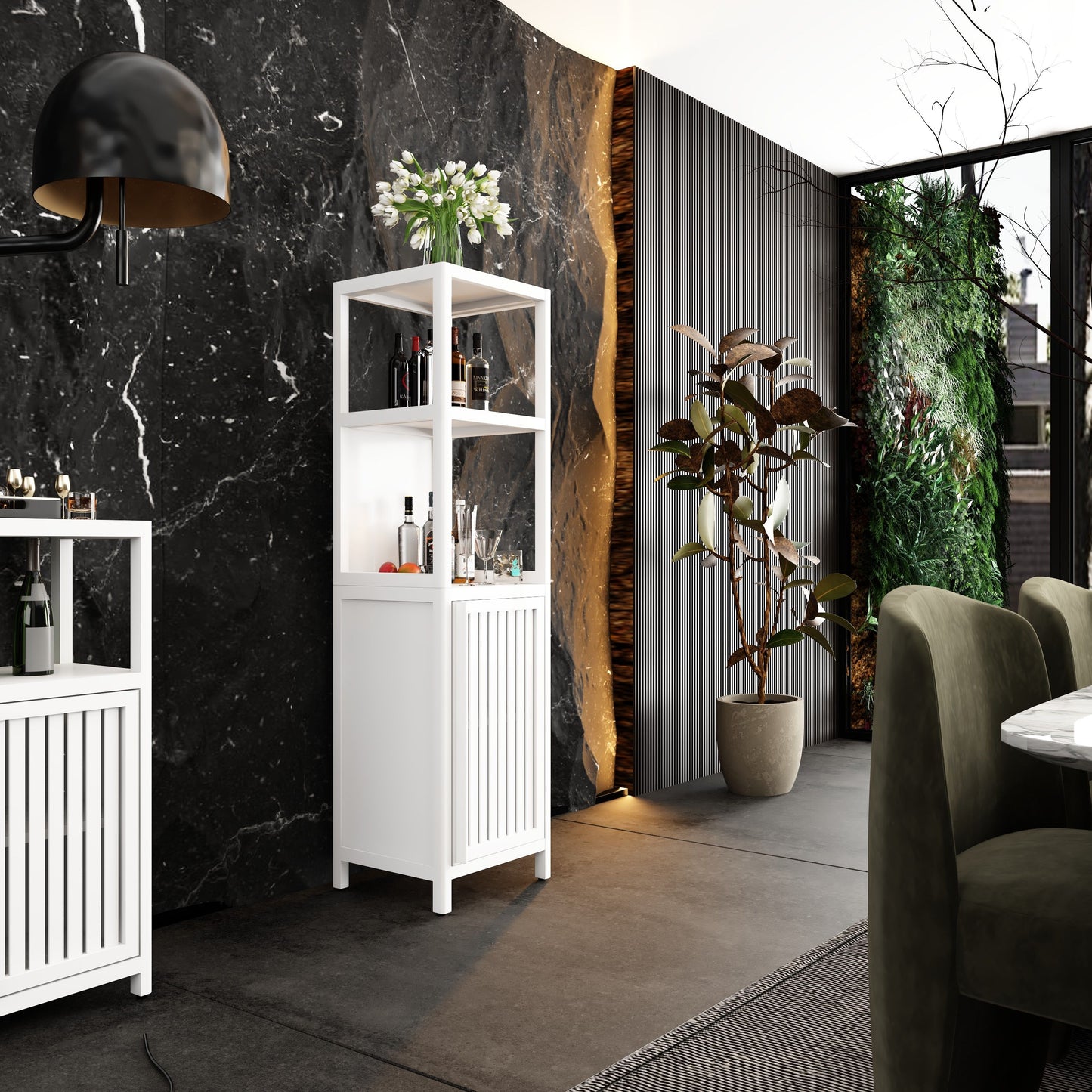 Bamboo Storage Cabinet With Tall Linen Tower, Multi Functional For Bathroom And Living Spaces - White