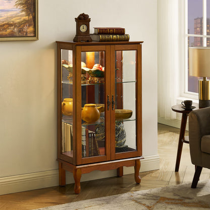 Curio Cabinet Lighted Curio Diapaly Cabinet With Adjustable Shelves And Mirrored Back Panel, Tempered Glass Doors (3 Tier), (E26 Light Bulb Not Included) - Oak
