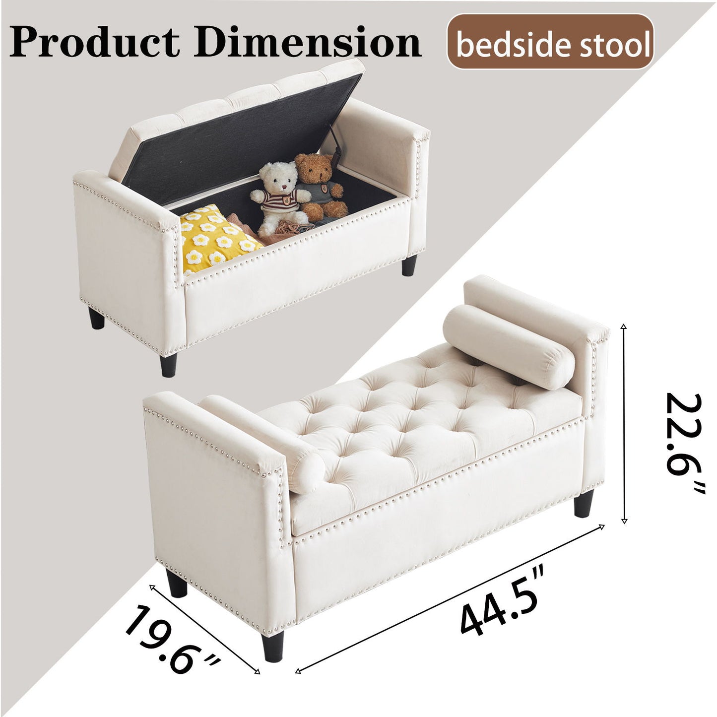 Storage Bench, Queen Velvet Button Bedside Bench, Entryway Living Room With Armrests, Nailhead Trim, Upholstered Bedroom Bench, Bedside Ottoman, Living Room, Entryway - Cream