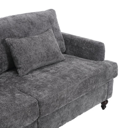 Mid Century Modern Chenille Fabric Loveseat Sofa, 2 Seat Upholstered Couch, Brown Wood Feet - Gray
