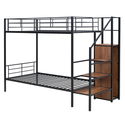 Twin Over Twin Metal Bunk Bed With Lateral Storage Ladder And Wardrobe - Black