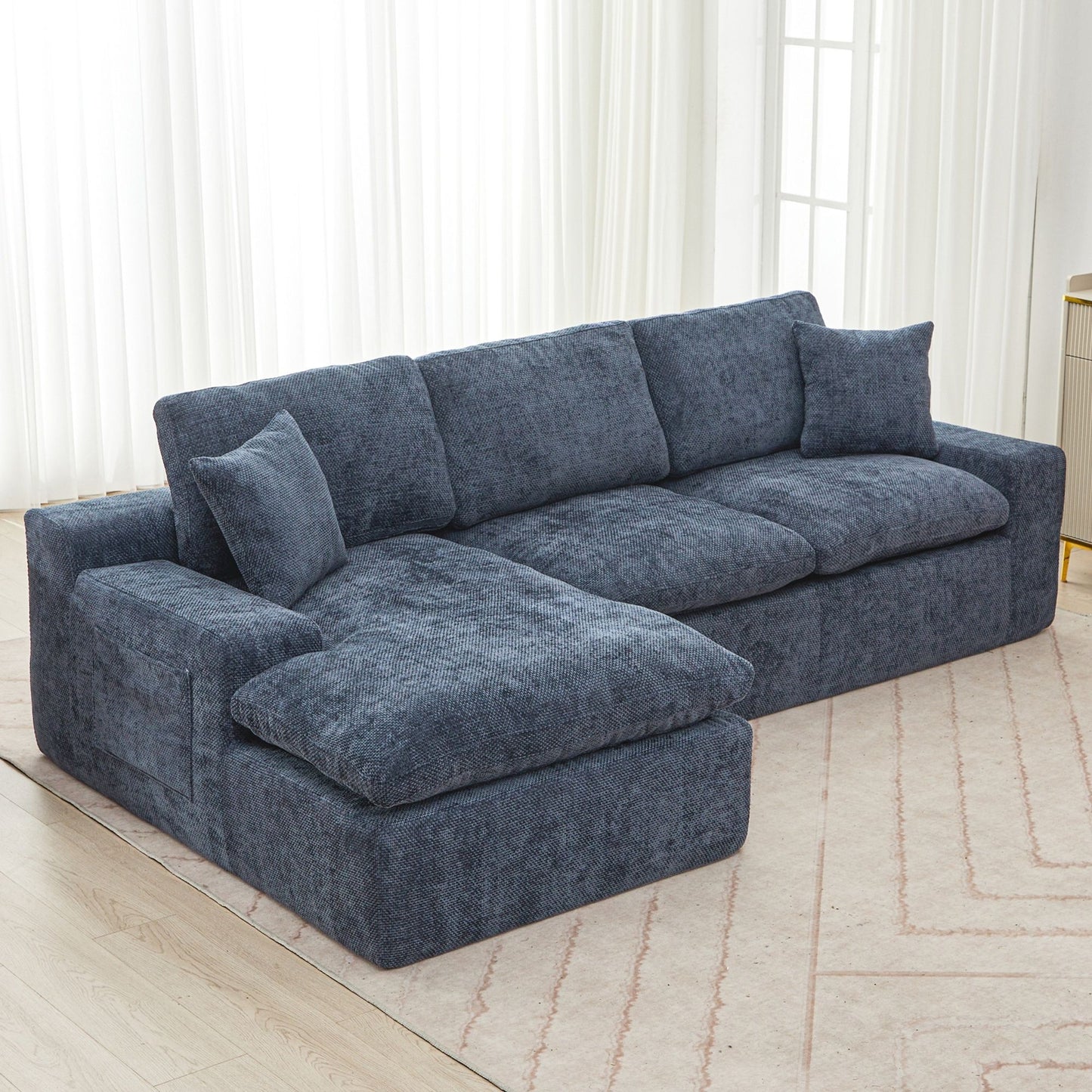 Cloud Sectional Sofa Upholstered Sofa Couch With Double-Layer Cushion And Side Pockets - Blue