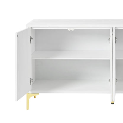 Modern Wood Sideboard Cabinet With Carved Door Panels, Adjustable Shelves, And Sturdy Metal Legs - White