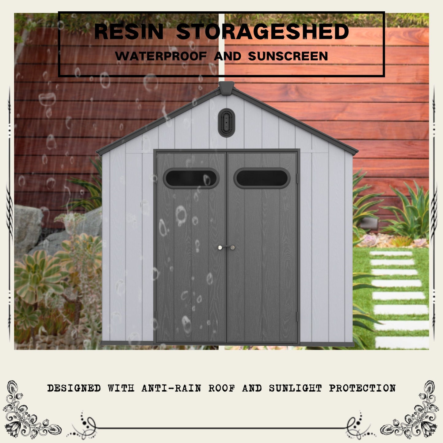 1 Resin Plastic Storage Shed For Backyard Garden With Spire Tool Storage - Black / Gray