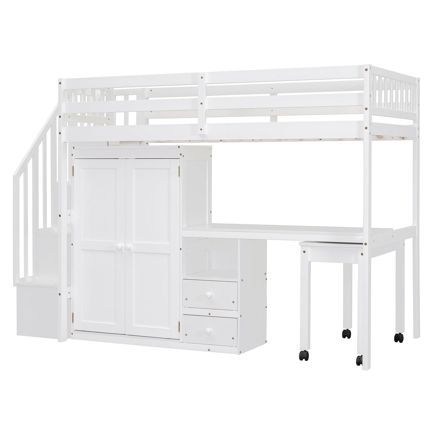Twin Size Loft Bed With Stairs, Bookshelf, Drawers, Desk & Wardrobe, Space Saving Multifunctional Furniture - White