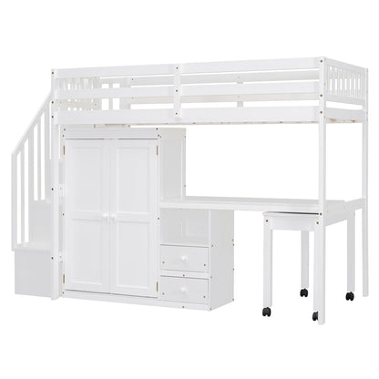 Twin Size Loft Bed With Stairs, Bookshelf, Drawers, Desk & Wardrobe, Space Saving Multifunctional Furniture - White