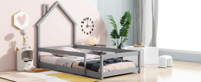 Twin Size Wood Bed With House-Shaped Headboard Floor Bed With Fences - Gray
