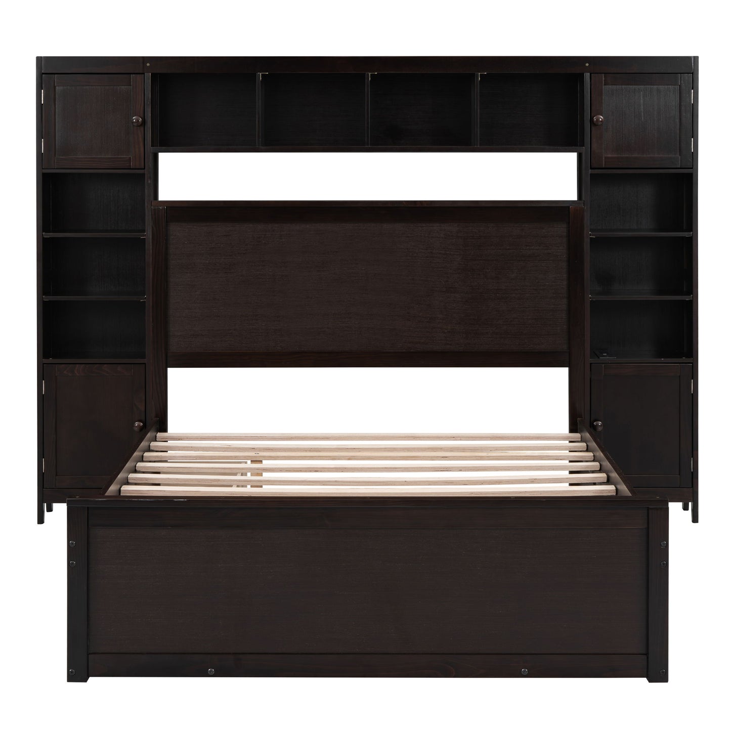 Full Size Bed With All In One Cabinet, Shelf And Sockets, Twin Size Trundle - Espresso