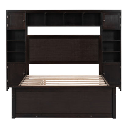 Full Size Bed With All In One Cabinet, Shelf And Sockets, Twin Size Trundle - Espresso