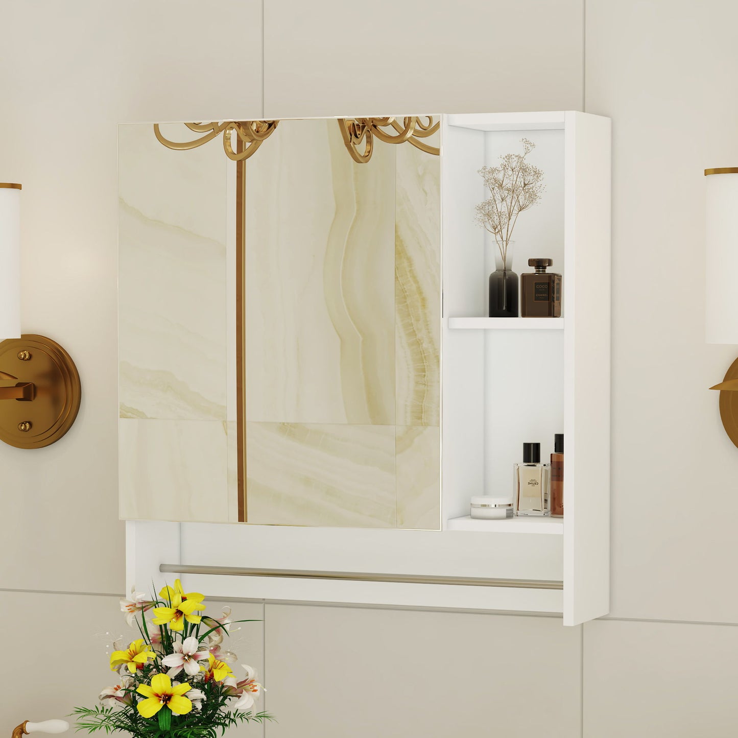 Wall Mounted Bathroom Storage Cabinet With Mirror Door, Medicine Cabinet, Over The Toilet Storage Cabinet With Shelves And Towel Rack - White