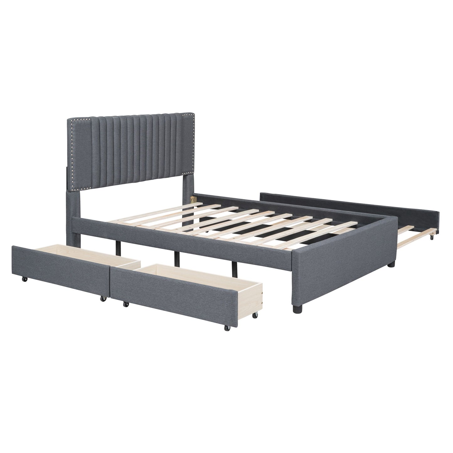 Full Size Upholstered Platform Bed With 2 Drawers And 1 Twin Size Trundle, Classic Headboard Design - Gray