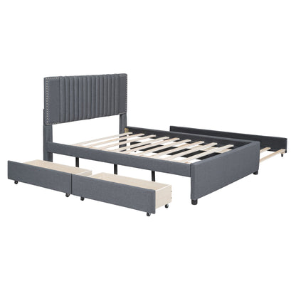 Full Size Upholstered Platform Bed With 2 Drawers And 1 Twin Size Trundle, Classic Headboard Design - Gray