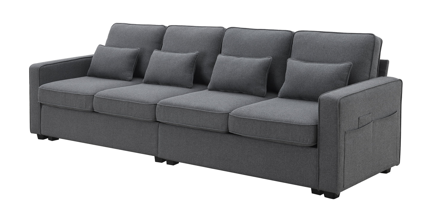 4 Seater Modern Linen Sofa With Armrest Pockets And 4 Pillows, Minimalist Style Couch - Dark Gray