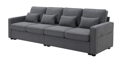 4 Seater Modern Linen Sofa With Armrest Pockets And 4 Pillows, Minimalist Style Couch - Dark Gray