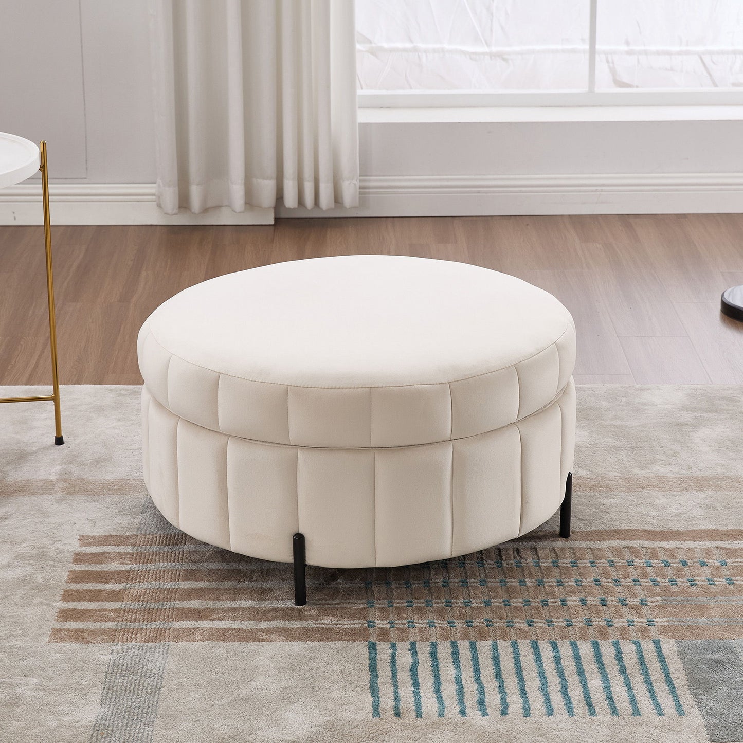 Upholstered Round Ottoman With Reversible Lid, Storage Stool, Channel Tufted Pumpkin Shape Footstool For Living Room, Bedroom And Office - Beige