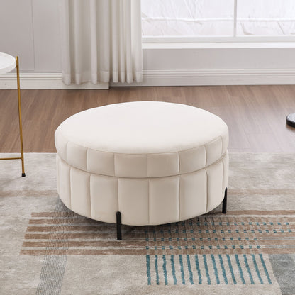 Upholstered Round Ottoman With Reversible Lid, Storage Stool, Channel Tufted Pumpkin Shape Footstool For Living Room, Bedroom And Office - Beige