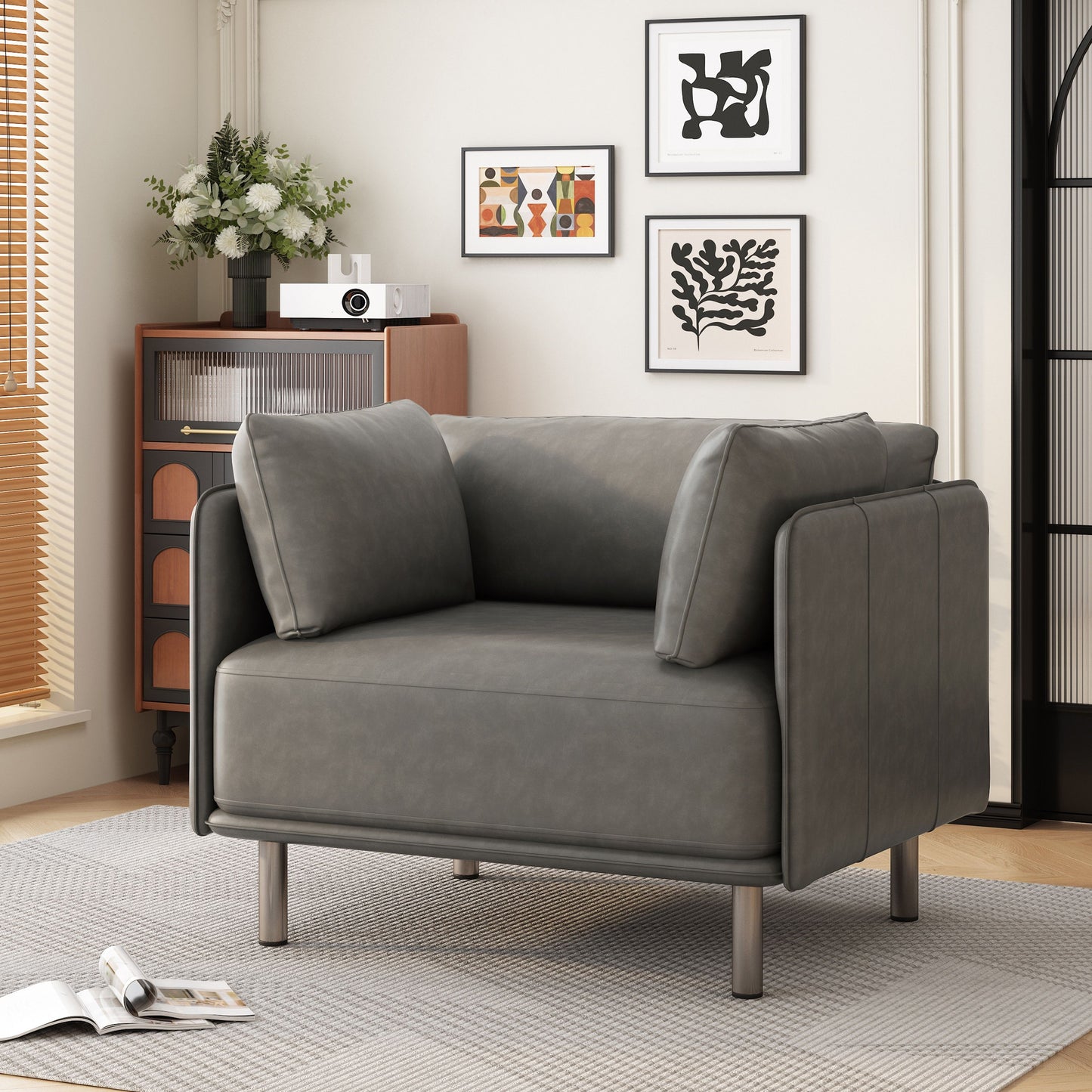 Vintage Lounge Chair With Polyester Upholstery, Steel Legs - Gray