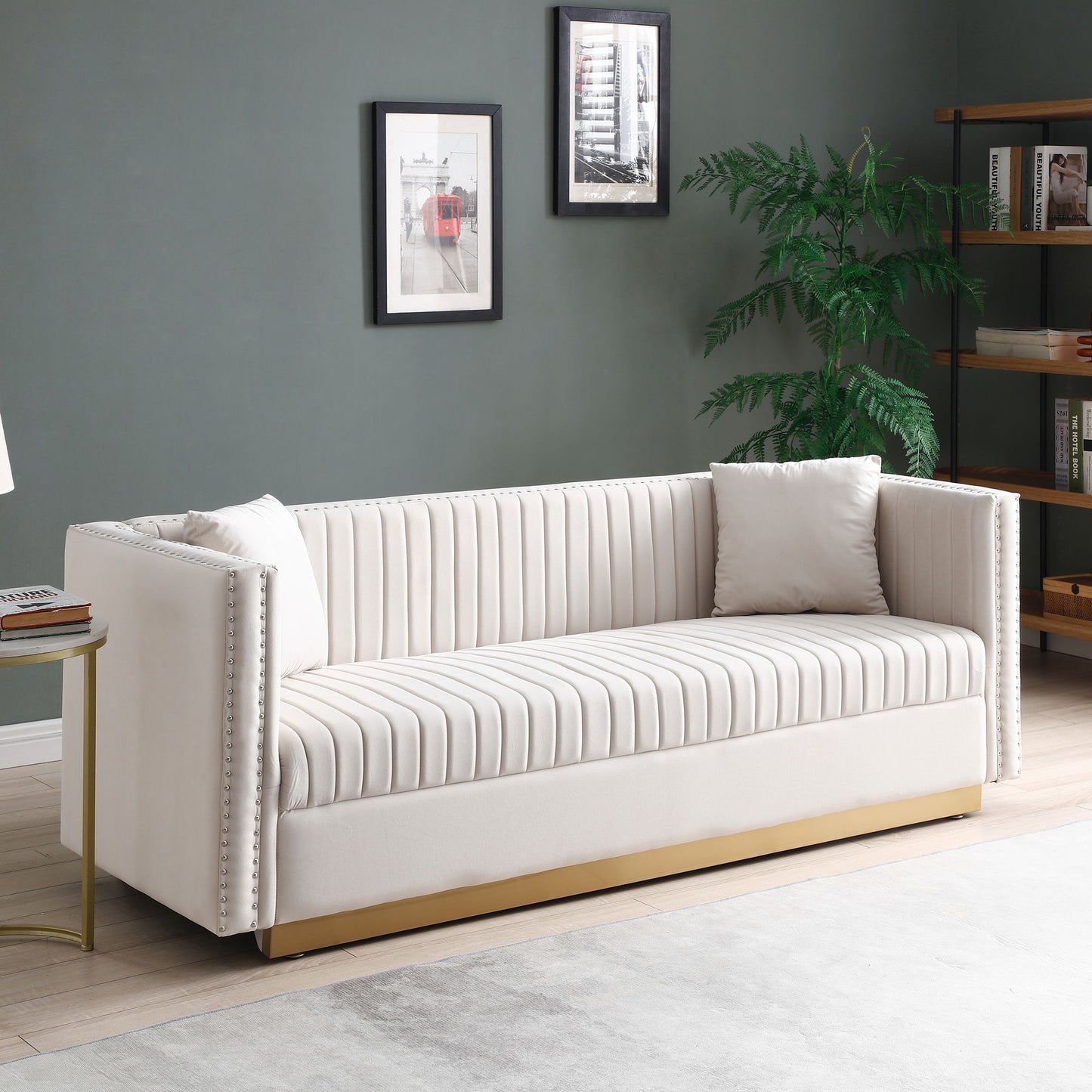 Contemporary Vertical Channel Tufted Sofa Modern Upholstered Couch For Living Room With 2 Pillows - Beige