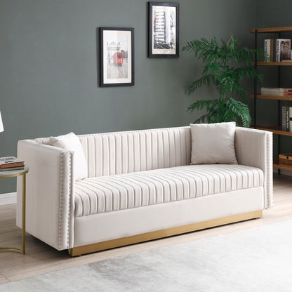 Contemporary Vertical Channel Tufted Sofa Modern Upholstered Couch For Living Room With 2 Pillows - Beige