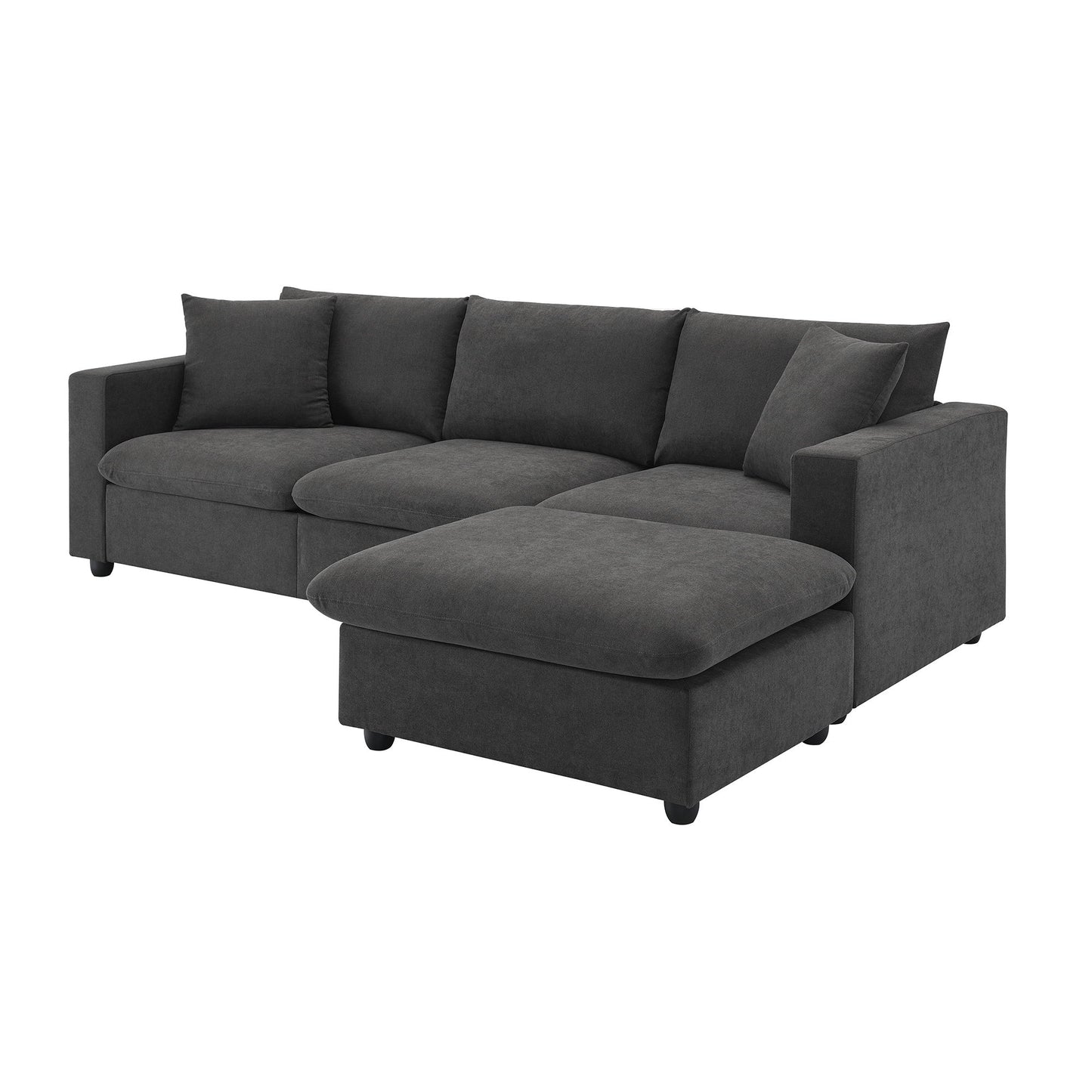 Modern Sectional Sofa, L-Shaped Couch Set With 2 Free Pillows, 4 Seat Polyester Fabric Couch Set With Convertible Ottoman - Dawn Gray
