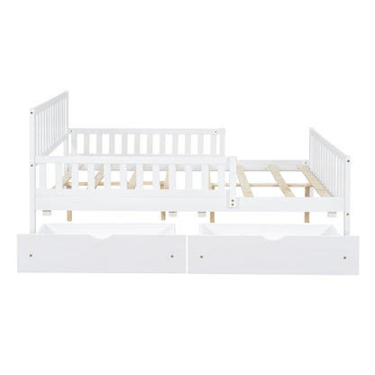 Full Size Platform Bed With Guardrails On Both Sides And 2 Storage Drawers - White