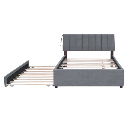 Full Size Upholstered Platform Bed With Twin Size Trundle - Gray