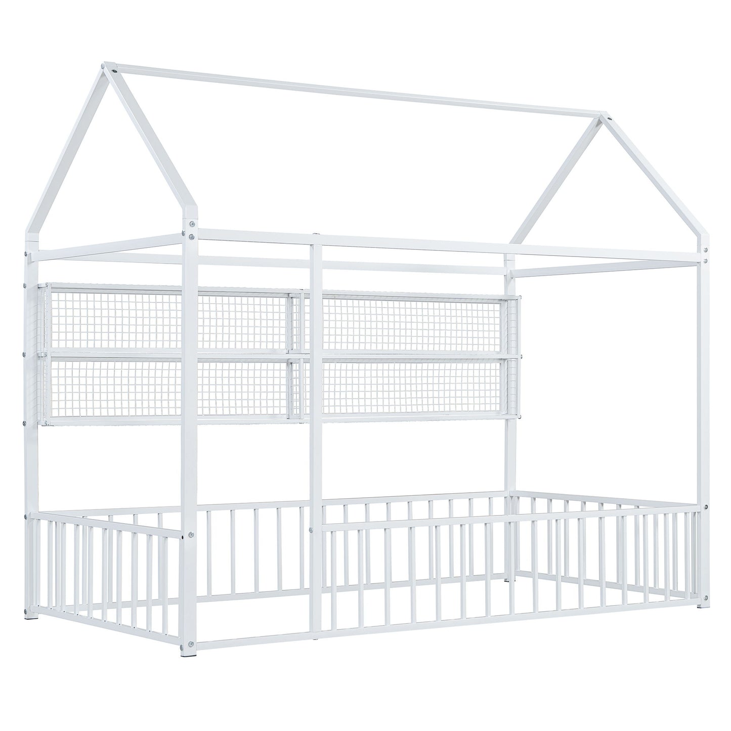Twin Size Bed House Frame With Fence And Shelves - White