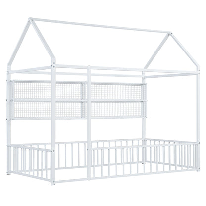 Twin Size Bed House Frame With Fence And Shelves - White