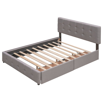 Queen Size Upholstered Platform Bed With 2 Drawers And 1 Twin Long Trundle - Light Gray