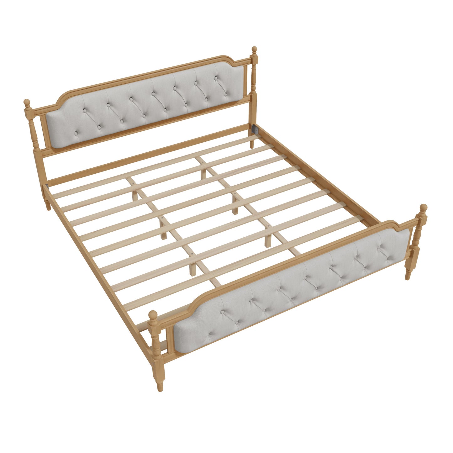 King Size Traditional Style Solid Bed Frame With Upholstered Tufted Headboard, No Box Spring Needed - Walnut