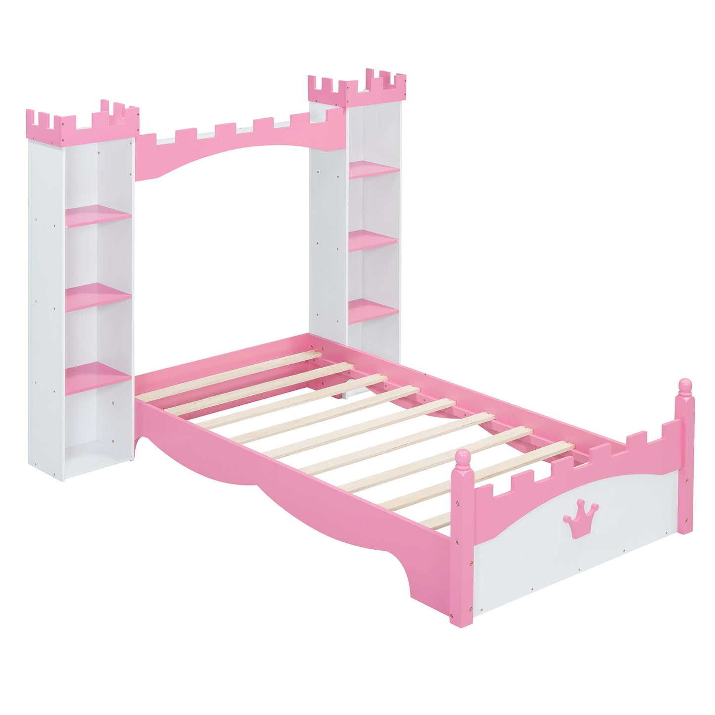 Castle Shaped Bed With Storage Shelf, Dreamy Twin Size Platform Bed For Kids Bedroom - White / Pink